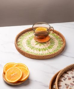 Khay Tròn Đan Mây Tre Coivibes Khảm Xà Cừ Họa Tiết Lá Xanh