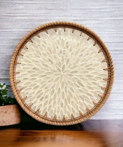 Coivibes Khay Tròn Coivibes Hoa Trắng Khảm Xà Cừ & Mây Đan Thủ Công