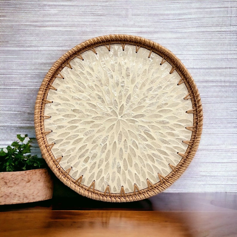 Coivibes Khay Tròn Coivibes Hoa Trắng Khảm Xà Cừ & Mây Đan Thủ Công