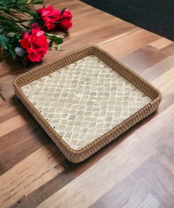 Coivibes Khay Trang Trí Vuông Coivibes White Scale Xà Cừ & Mây Đan Thủ Công