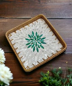 Coivibes Khay Trang Trí Vuông Coivibes Green Flower Xà Cừ & Mây Đan Thủ Công