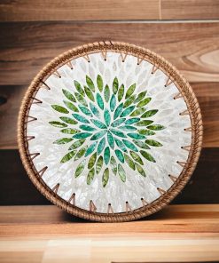 Khay Tròn Đan Coivibes Khảm Xà Cừ Họa Tiết Mandala Lá Xanh