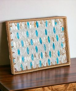 Khay Chữ Nhật Đan Coivibes Khảm Xà Cừ Họa Tiết Lá Xanh Biển