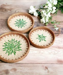 Coivibes Khay Trang Trí Tròn Coivibes Green Flower Spring Xà Cừ & Mây Đan Thủ Công