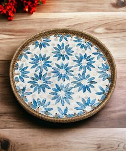 Coivibes Khay Trang Trí Tròn Coivibes Blue Flower Vỏ Sò & Mây Đan Thủ Công