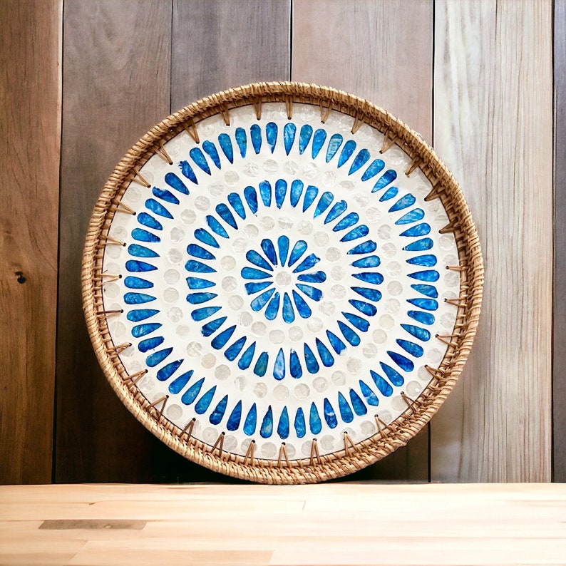 Coivibes Khay Tròn Coivibes Mandala Xanh Dương Khảm Xà Cừ & Mây Đan Thủ Công