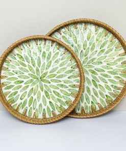 Bộ 2 Khay Tròn Đan Coivibes Khảm Xà Cừ Họa Tiết Lá Xanh