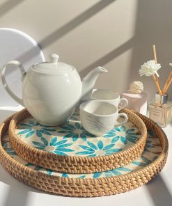 Bộ 2 Khay Tròn Đan Coivibes Khảm Xà Cừ Hoa Xanh