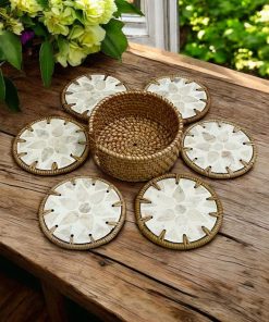 Coivibes Bộ 6 Lót Ly Tròn Coivibes White Flower Vỏ Sò & Mây Kèm Hộp Đựng