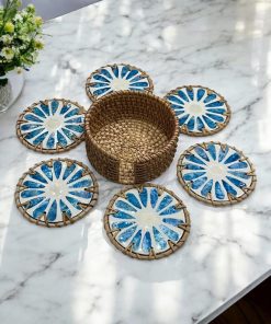 Coivibes Bộ 6 Lót Ly Tròn Coivibes Blue Daisy Flower Vỏ Sò & Mây Kèm Hộp Đựng