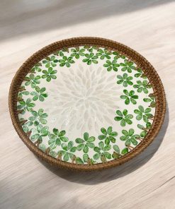 Coivibes Khay Trang Trí Tròn Coivibes Green Flower Spring Vỏ Sò & Mây Đan Thủ Công