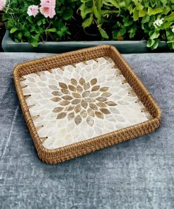 Coivibes Khay Trang Trí Vuông Coivibes White Gold Vỏ Sò & Mây Đan Thủ Công